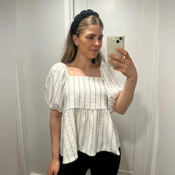 Madewell Puff-Sleeve Empire Top white and black Size  Medium - Picture 6 of 14